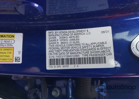 2021 Honda Accord Sport из США, поврежденный, VIN 1HGCV1F39MA100895